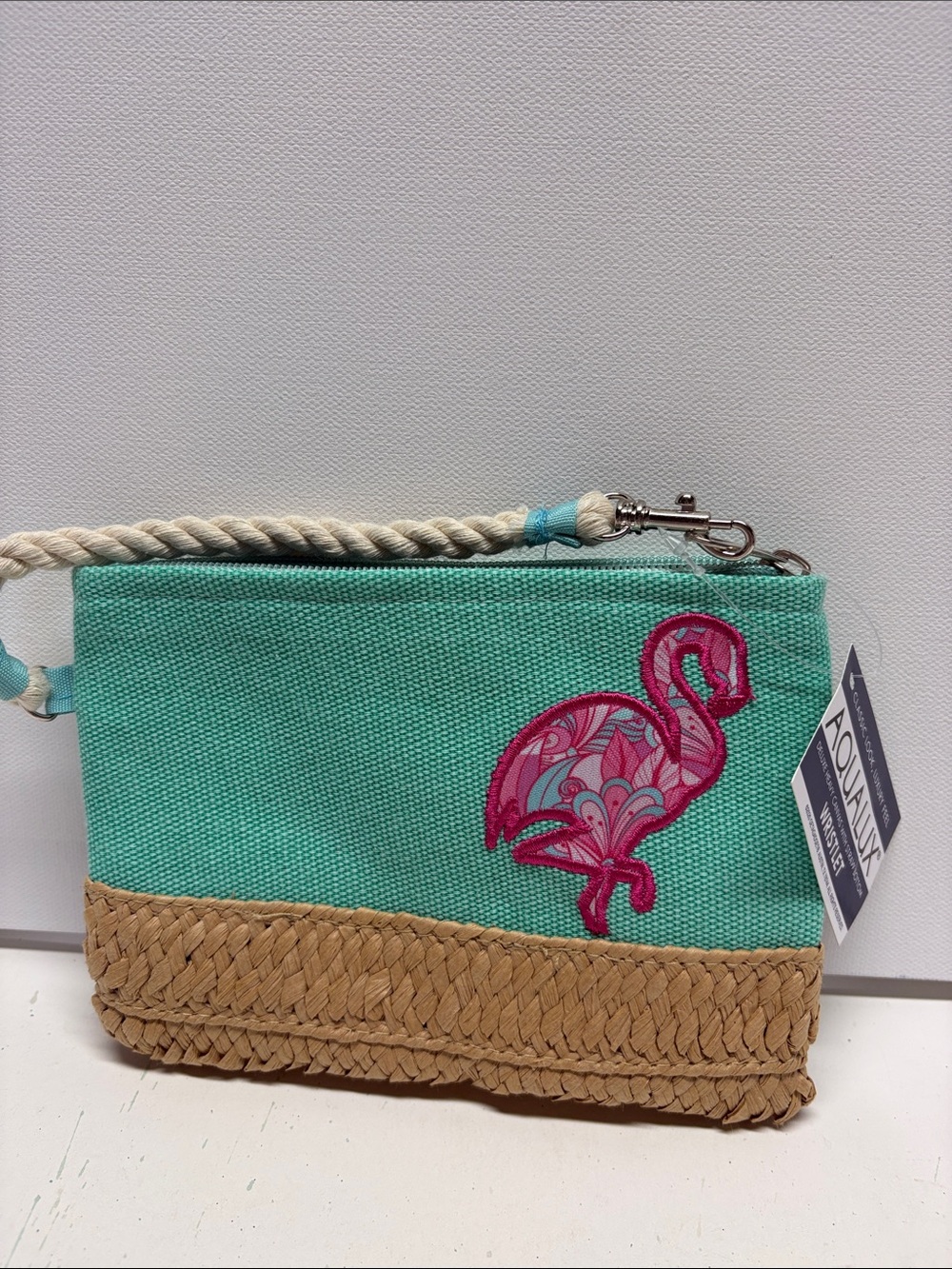 Teal Canvas & Woven Straw Flamingo Wristlet Clutch - Picture 10 of 11